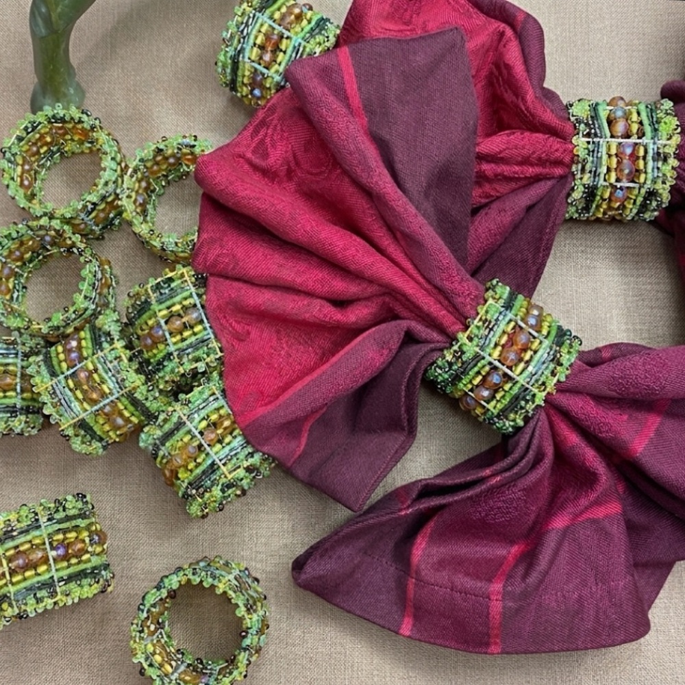 Set of 12 Artisan Beaded Napkin Rings | Emerald & Earth Tone Table Decor